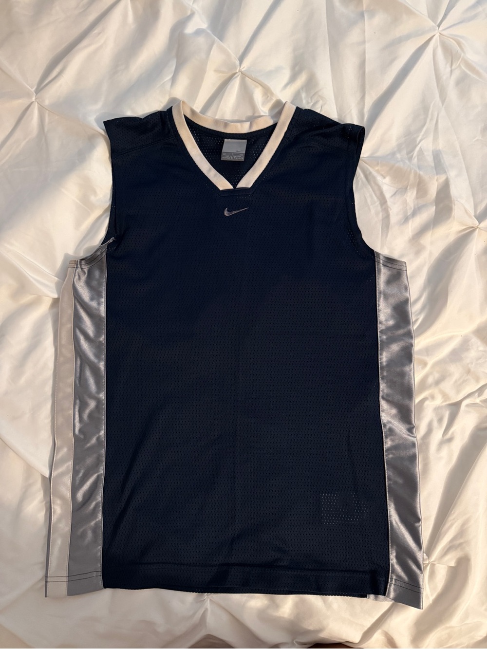 Nike Mesh Basketball Jersey Blue Silver Panels White Swoosh Athletic Top